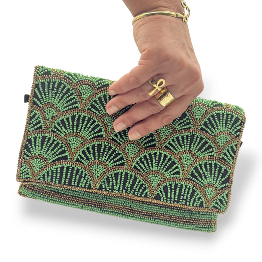 Papyrus Hand-beaded Flap Clutch with Gold Chain - Green