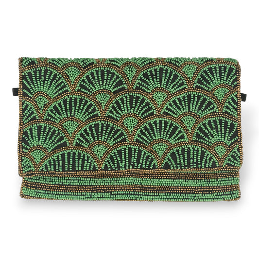 Papyrus Hand-beaded Flap Clutch with Gold Chain - Green