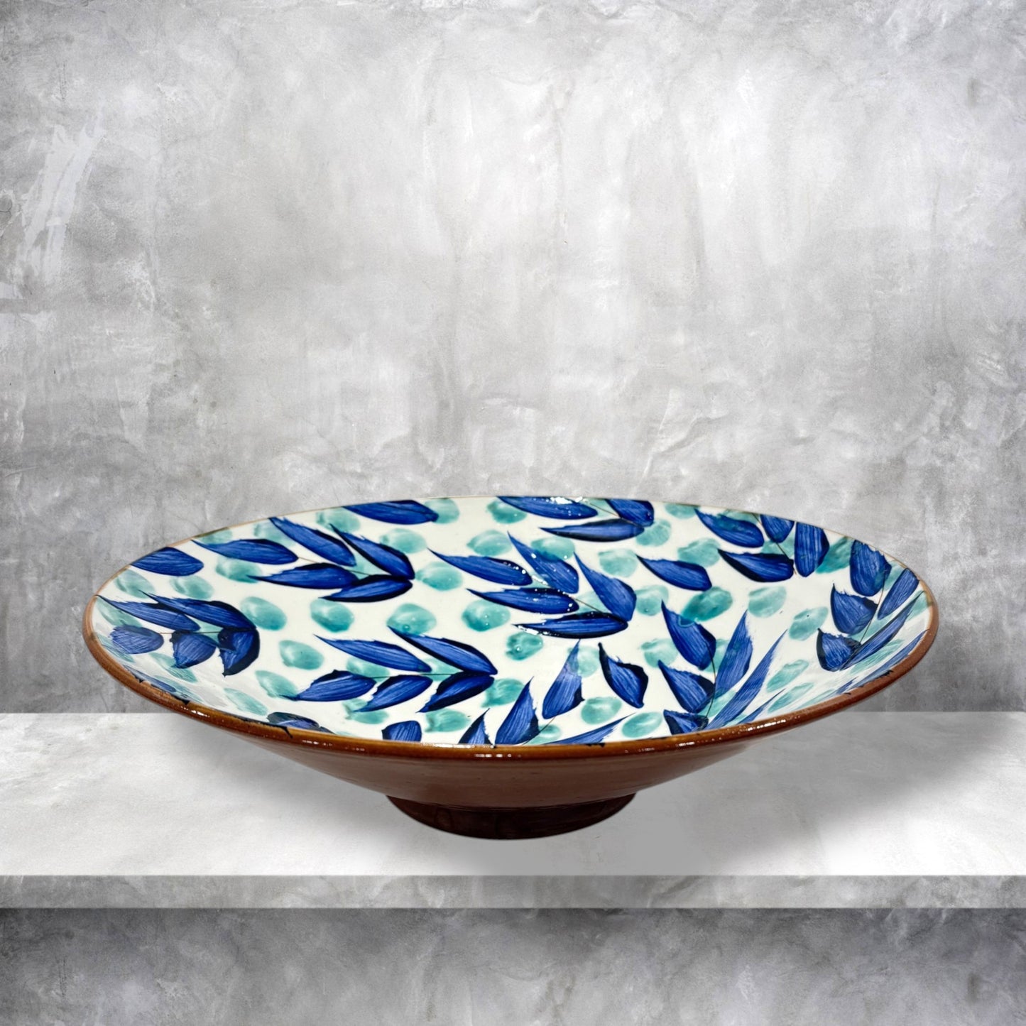 Blue & Green Olive Leaves Pottery Platter