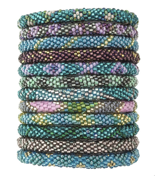 Fair Trade Roll-On Hand Beaded Bracelets - Mermaid, Ethical Sustainable Fashion, Green, Teal & Lilac Geometric