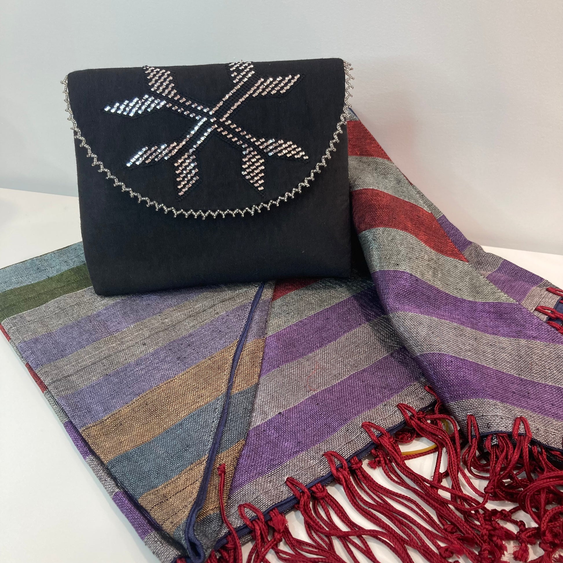 Samra Tally Clutch Burgundy with Moire Shawl
