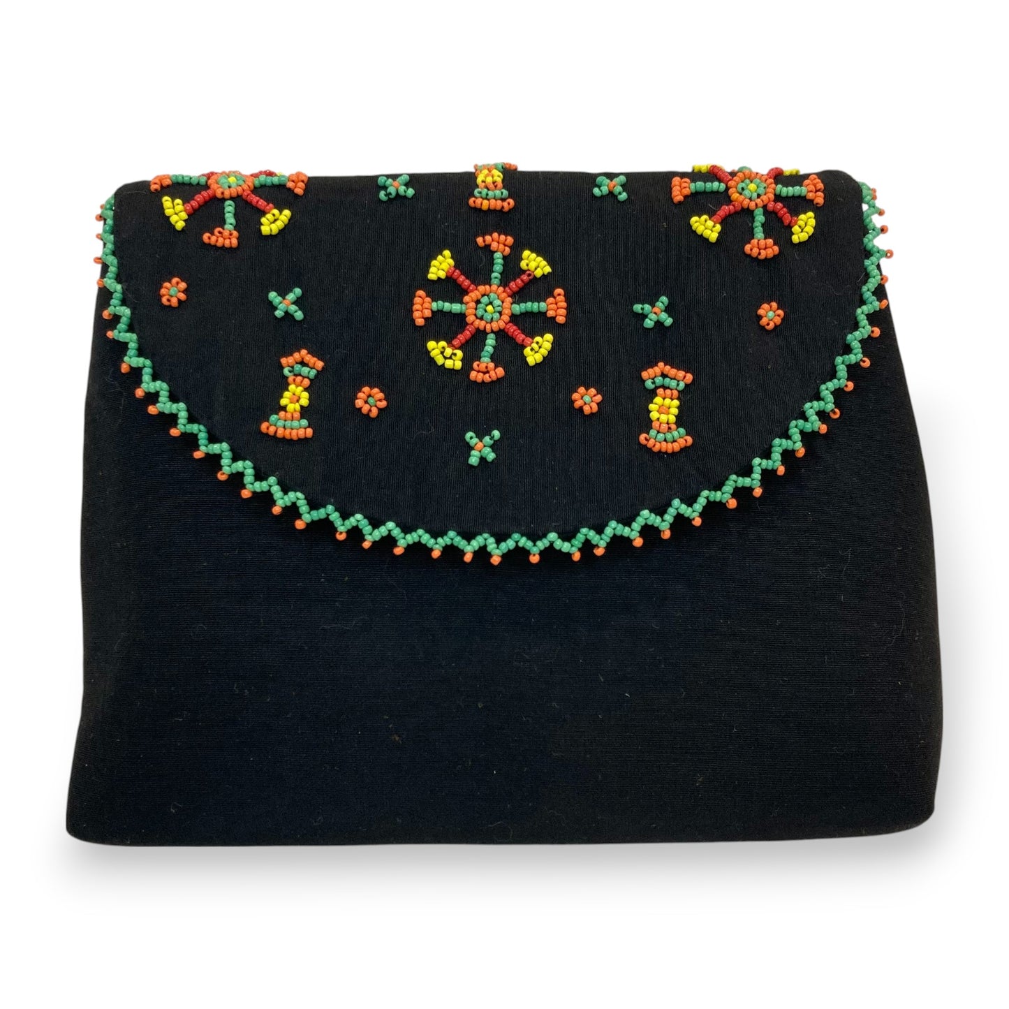 Black clutch with colorful beaded design inspired by embroidery patterns of the Siwa oasis bedouins