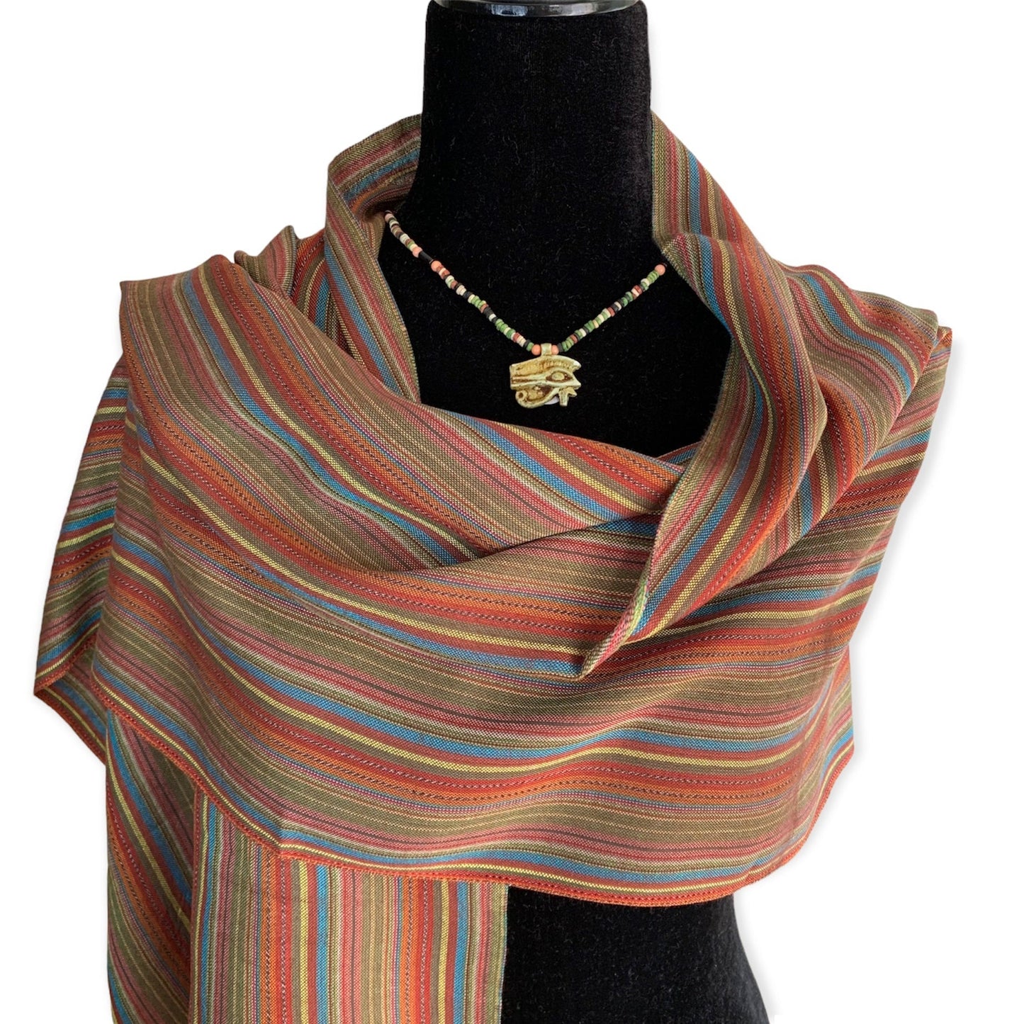 Small Striped Handwoven Bamboo Viscose Scarf - Blue & Yellow with Olive
