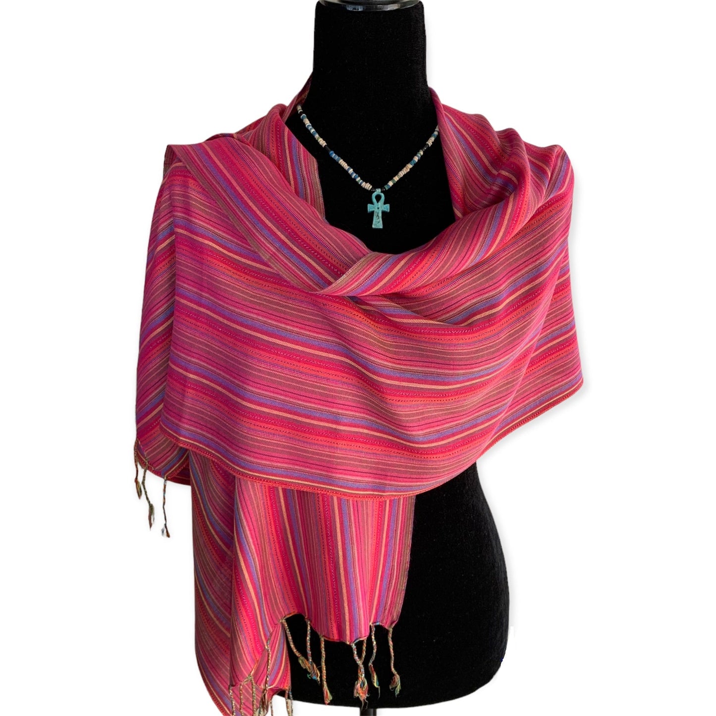 Small Striped Handwoven Bamboo Viscose Scarf - Blue & Yellow with Pink