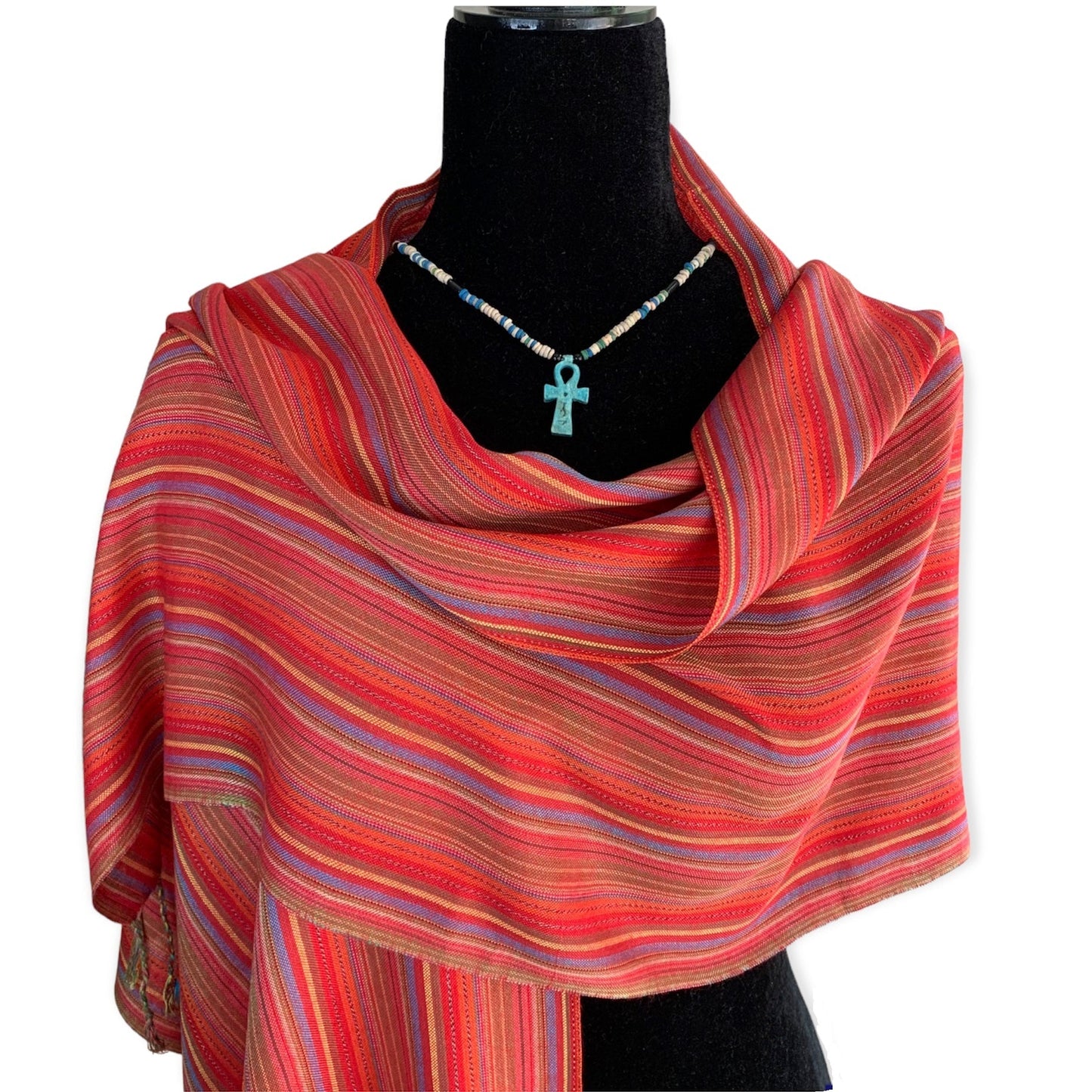 Small Striped Handwoven Bamboo Viscose Scarf - Blue & Yellow with Red