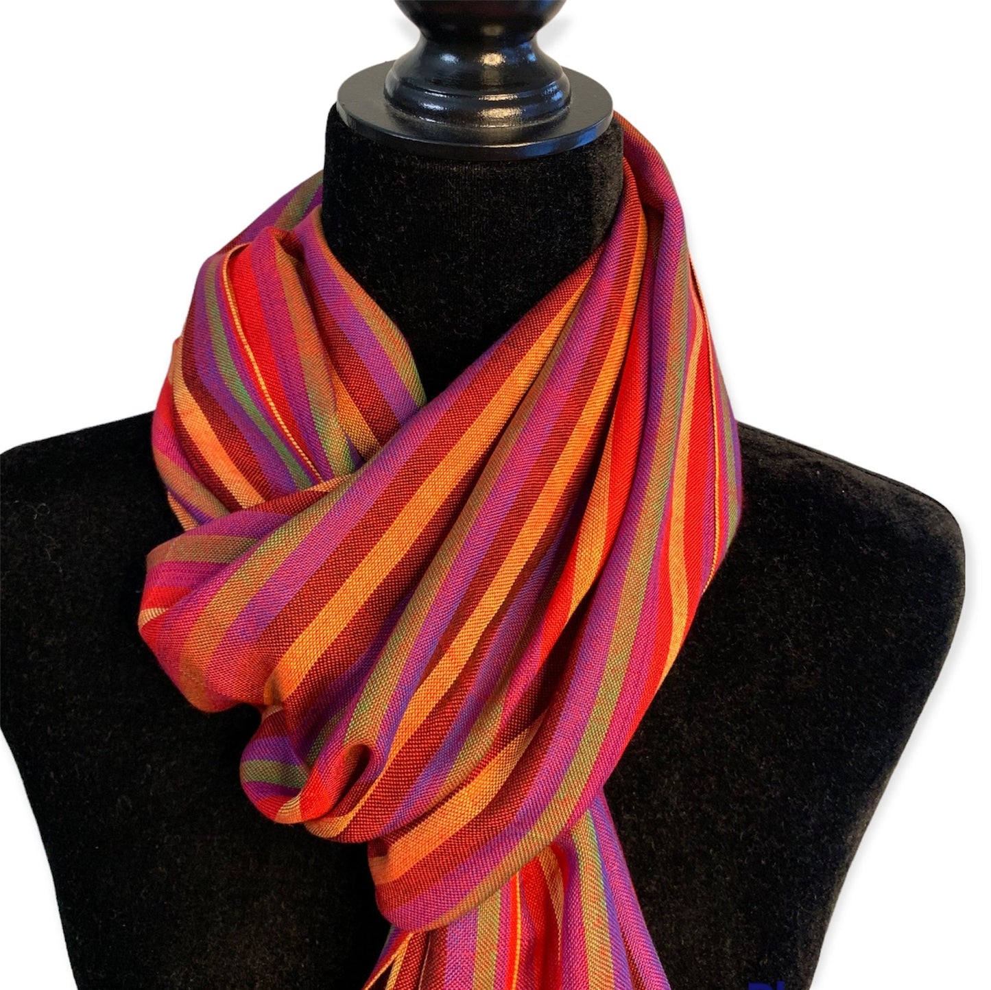Small Striped Handwoven Bamboo Viscose Scarf - Red & Olive