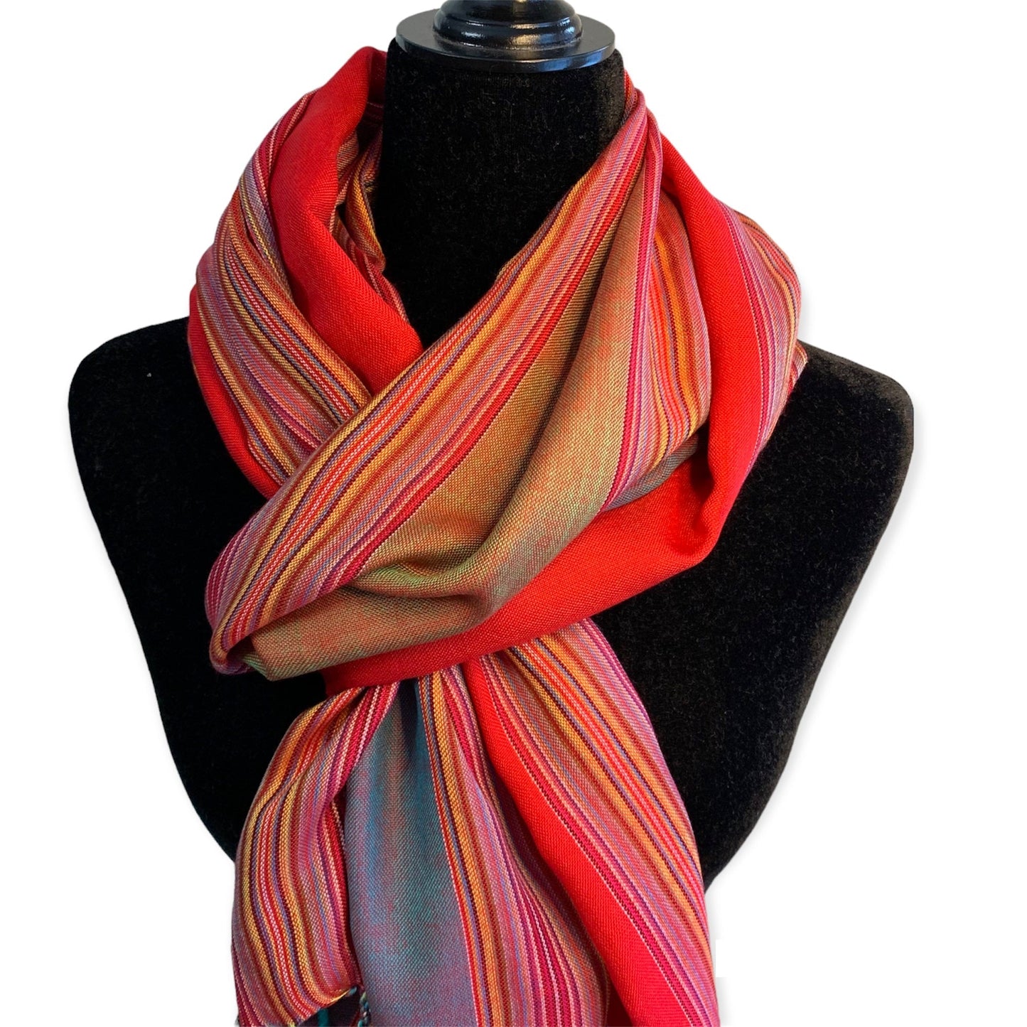 Striped Handwoven Bamboo Viscose Scarf - Red & Teal