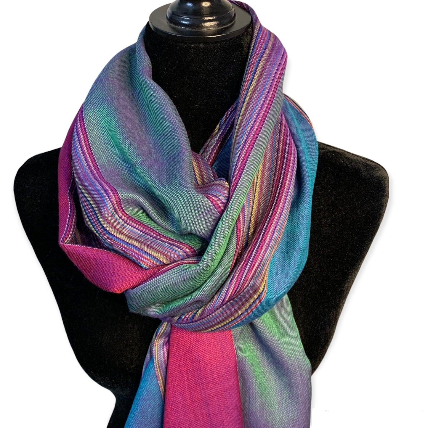 Striped Handwoven Bamboo Viscose Scarf - Plum & Emerald