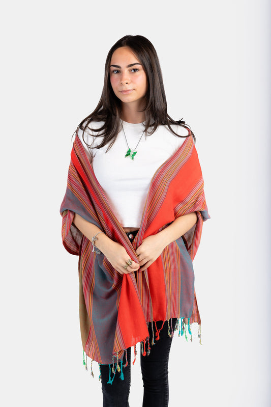 Striped Handwoven Bamboo Viscose Scarf - Red & Teal