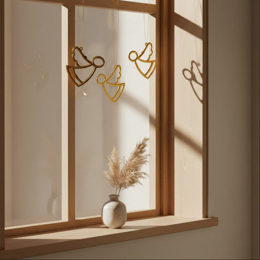 Decorative eco-friendly upcycled metal angel ornaments hanging on a window