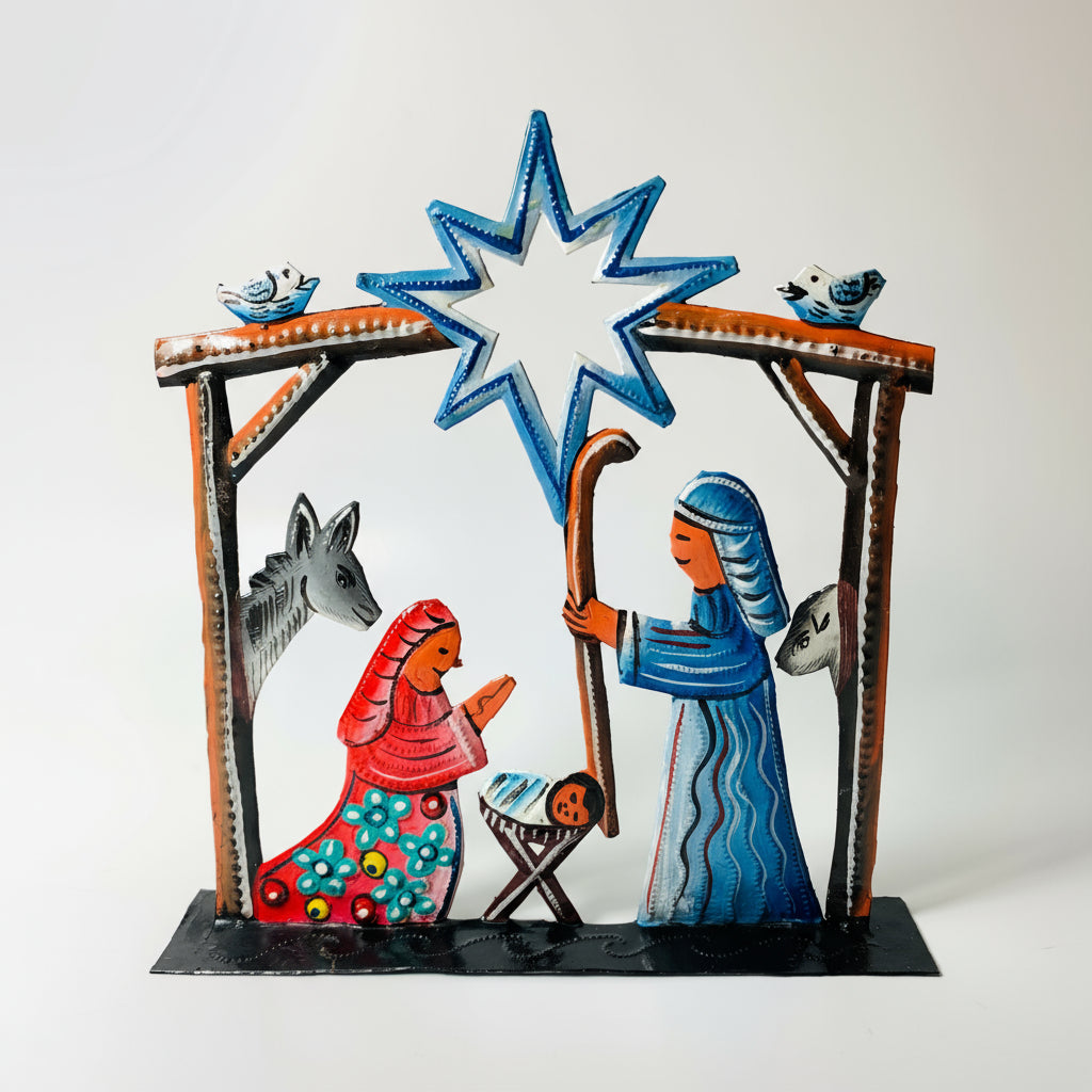 Metal Tabletop Nativity Scene Handcrated and Painted with Vivid Colors by Artisans in Haiti