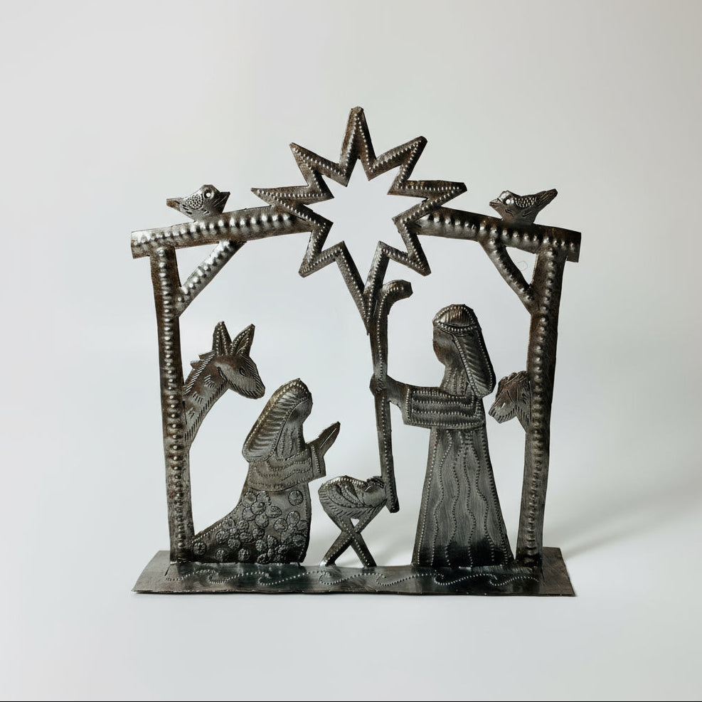 Metal Tabletop Nativity Scene Handcrated by Artisans in Haiti - Color of Metal