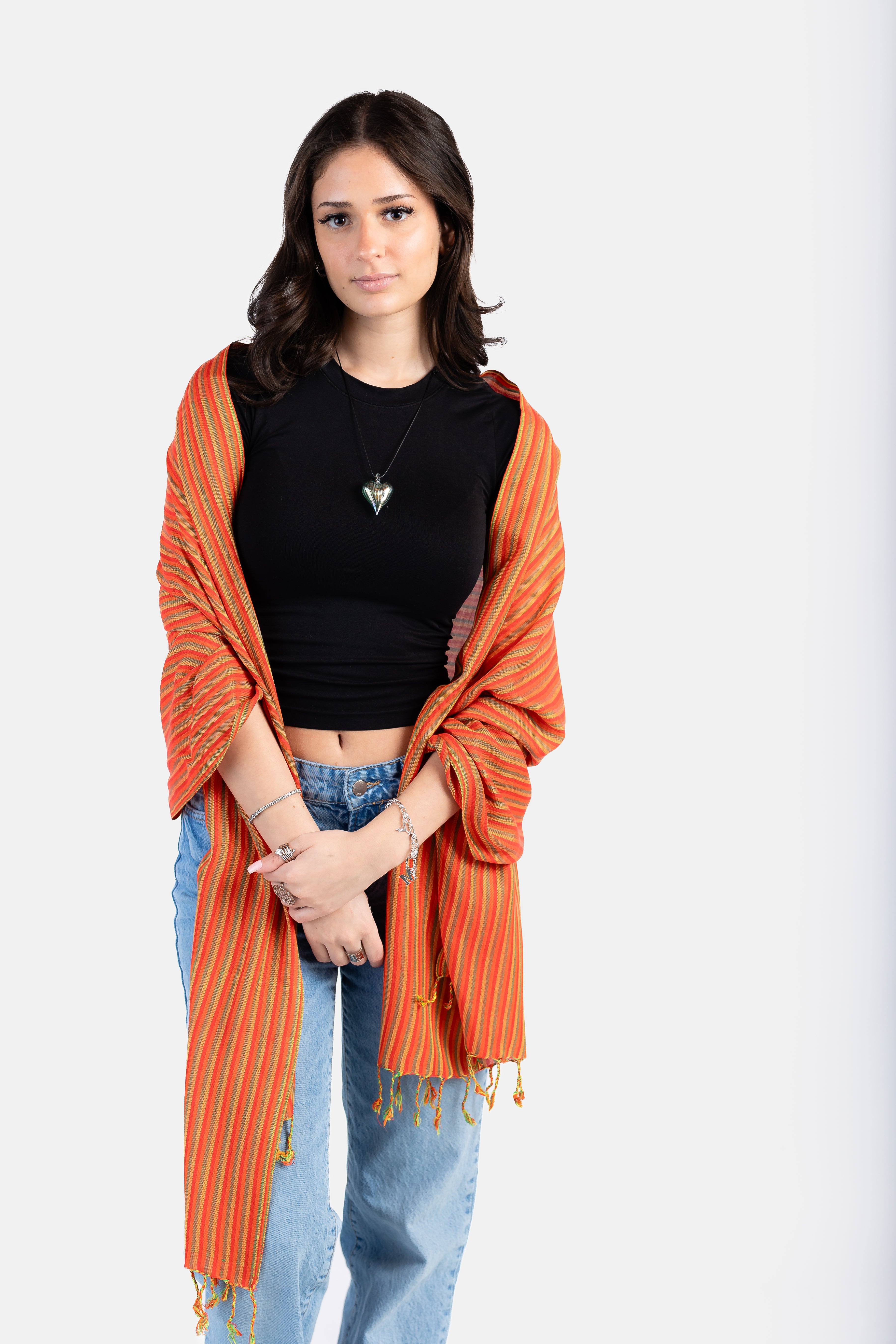 Thin Striped Handwoven Bamboo Viscose Scarf in Red & Yellow