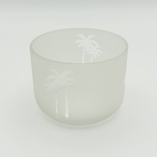 Handcrafted frosted upcycled glass bowl or candle holder with palm tree design