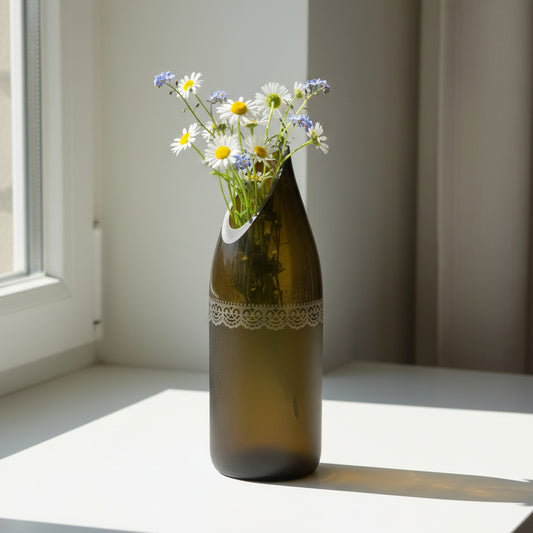 Brown decorative vase jug with lace detailing handcrafted from upcycled wine bottle, repurposed glassware, Fair Trade, Ethically handmade by women artisans