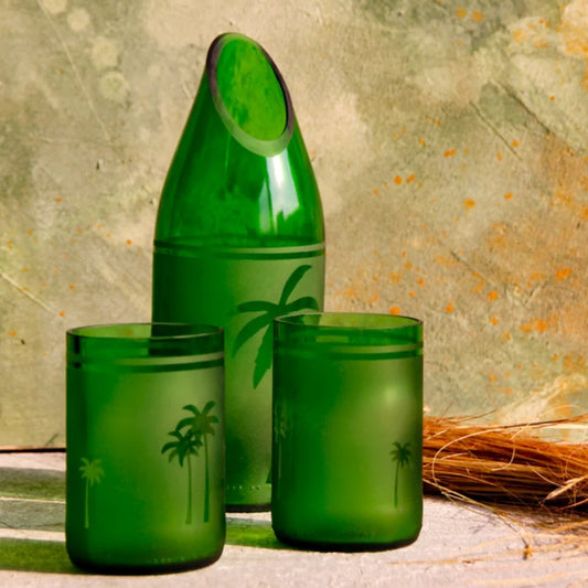 Upcycled highball drinking glass set with palms decoration