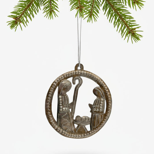 Eco-friendly Upcycled Metal Nativity Ornament in a Medallion Handcrafted by Haitian Artisans
