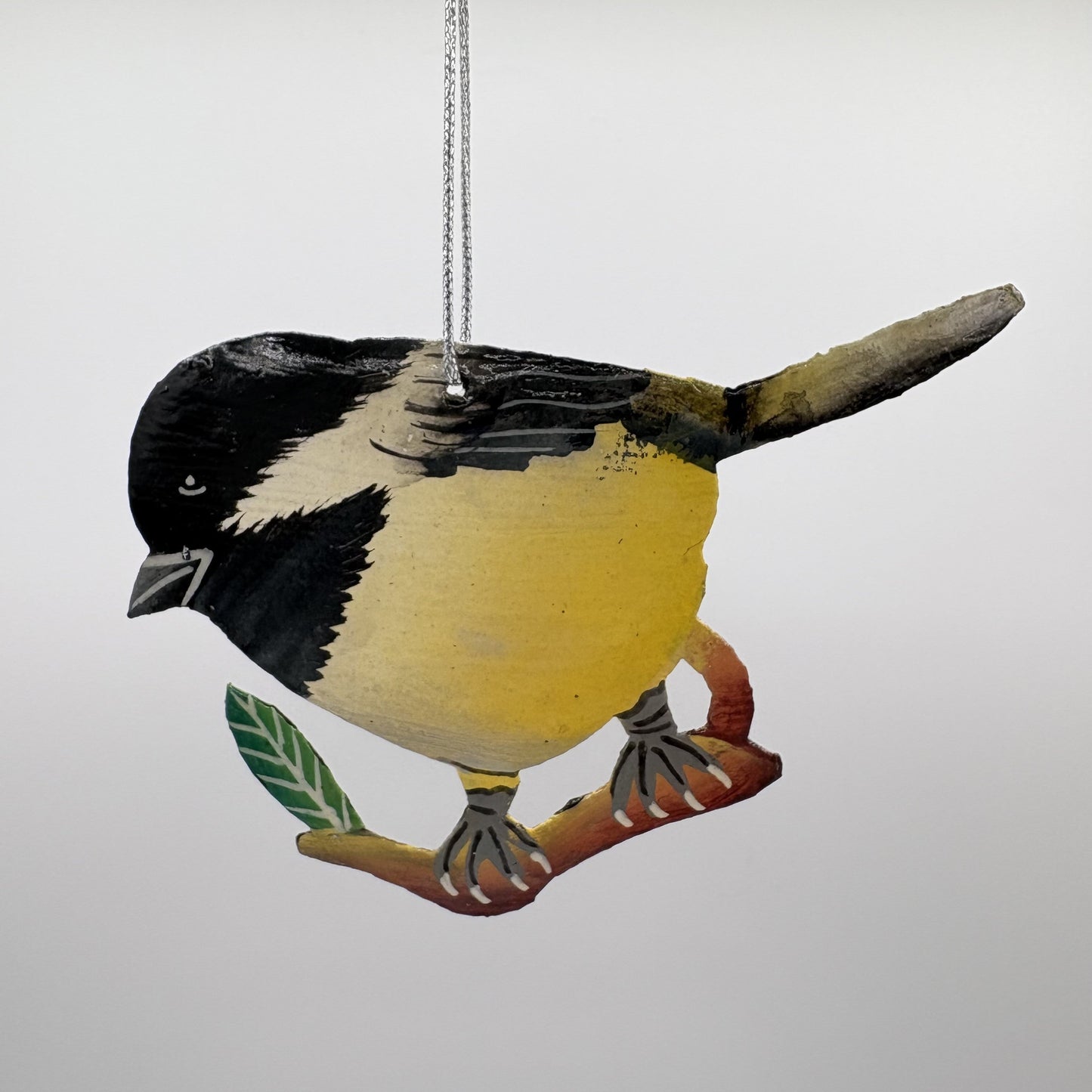 Eco-friendly handcrafted upcycled metal Black-capped Chickadee bird ornament, ethically handmade, sustainable
