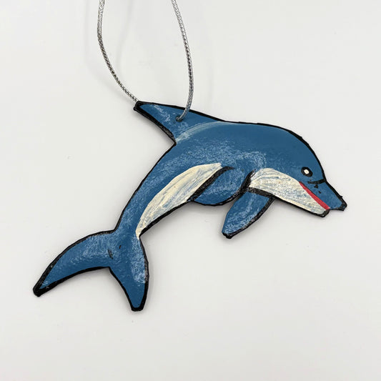 Decorative eco-friendly handcrafted upcycled metal dolphin ornament, fair trade handmade, sustainable