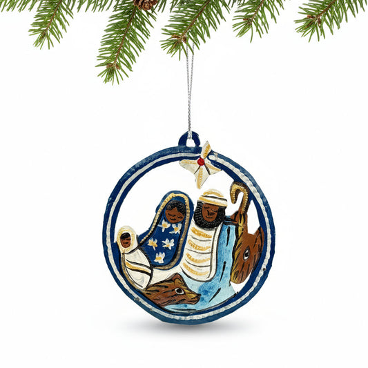 Upcycled Metal Nativity Ornament in a Medallion in Blue, Yellow and Gold Handcrafted by Artisans in Haiti