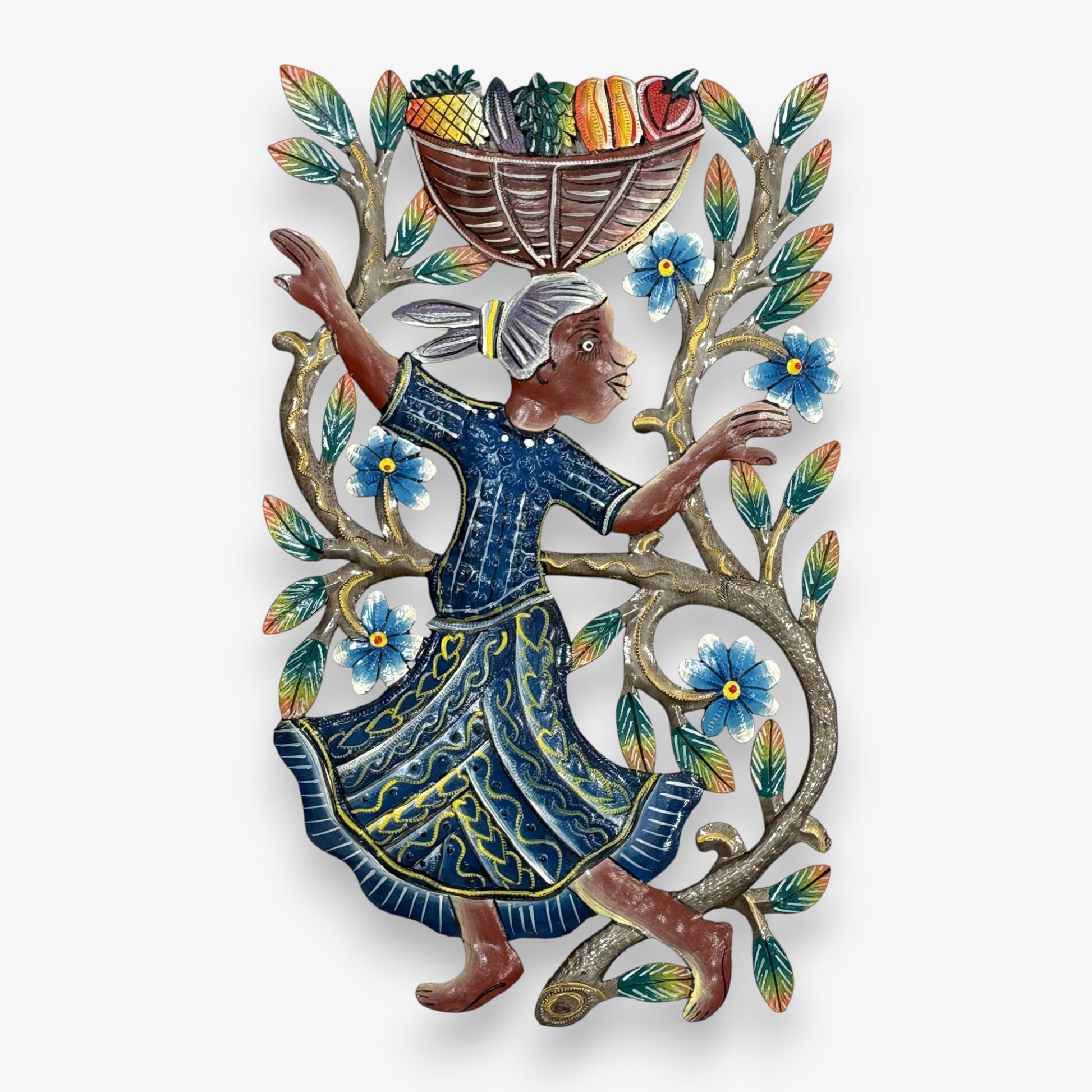 Metal Girl with Basket Wall Decor - Blue