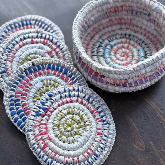 Upcycled Textile Coasters in a Basket