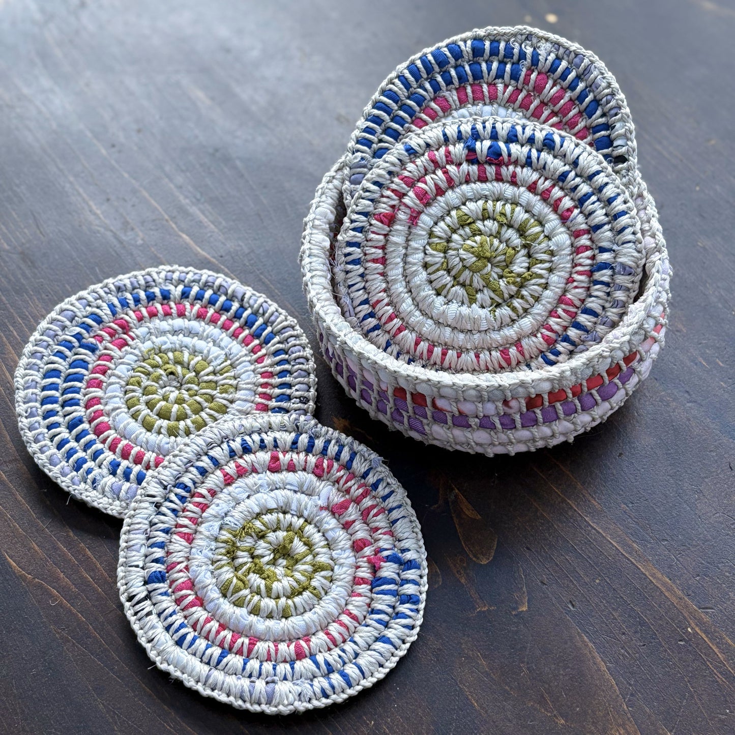 Upcycled Textile Coasters in a Basket