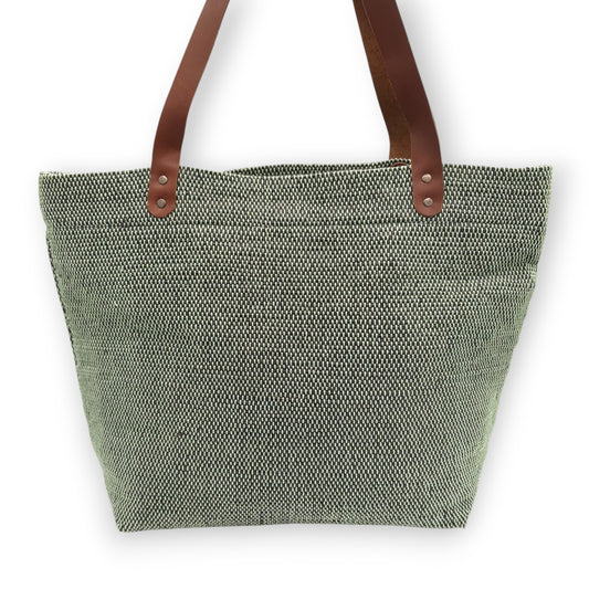 Upcycled Tote Bag with Leather Straps - Black & Mint