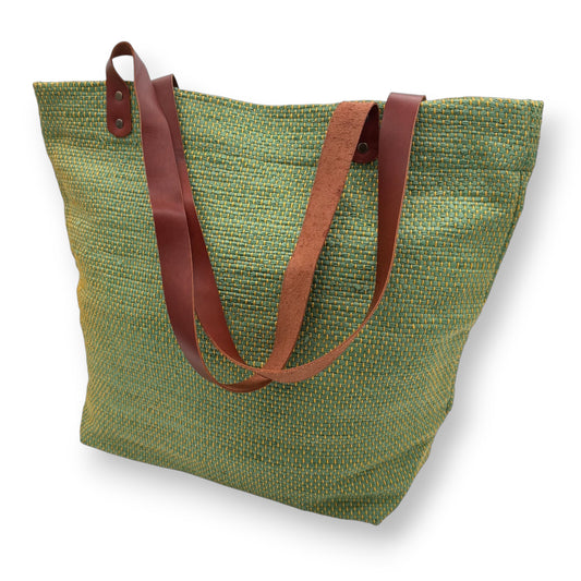 Upcycled Tote Bag with Leather Straps - Grass Green