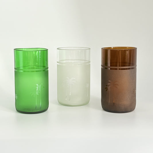 Upcycled highball drinking glass set with palms decoration
