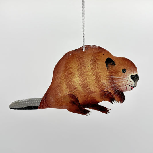Eco-friendly handcrafted upcycled metal beaver ornament, fair trade, sustainable, ethically handmade