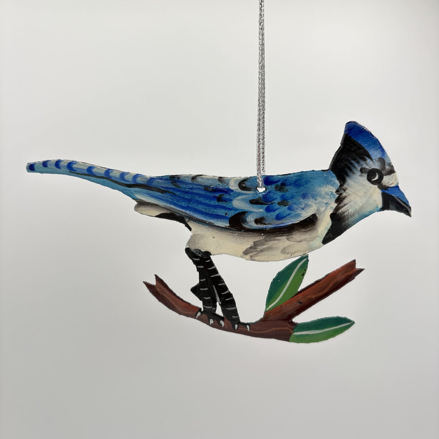 Eco-friendly upcycled metal blue jay bird ornament, ethically handmade, fair trade