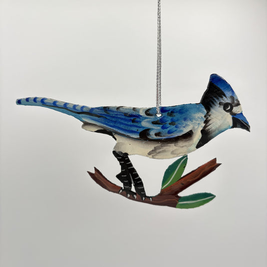 Eco-friendly upcycled metal blue jay bird ornament, ethically handmade, fair trade
