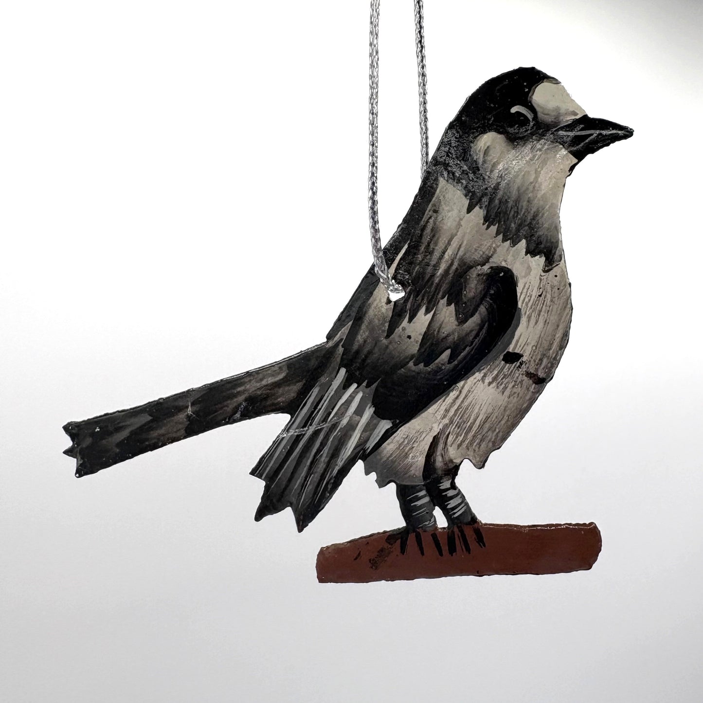 Sustainable handcrafted upcycled metal Canada Jay bird ornament, fair trade, ethically handmade, eco-friendly