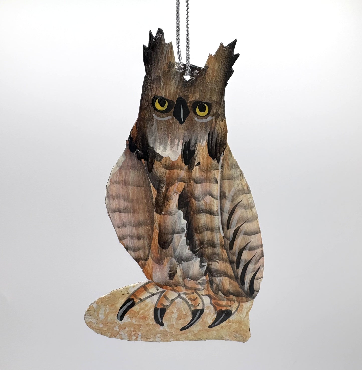 Sustainable handcrafted upcycled metal Great Horned Owl ornament with detailed feathers, fair trade ethically handmade, eco-friendly
