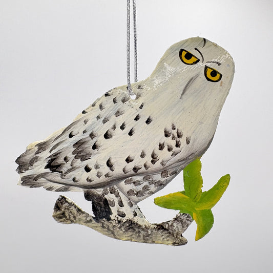 Sustainable handcrafted upcycled metal Snowy owl ornament, fair trade ethically handmade, eco-friendly