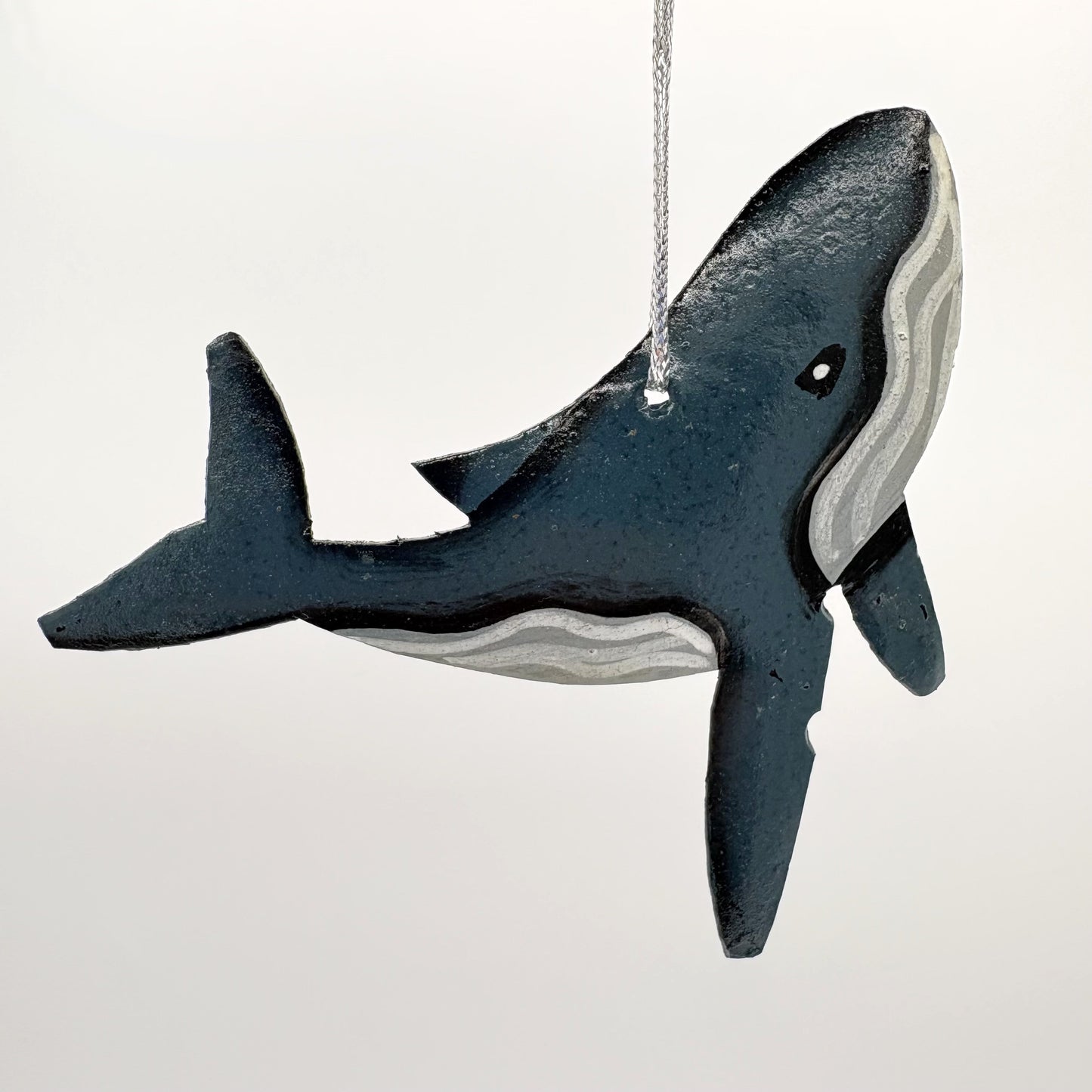 Handcrafted eco-friendly upcycled metal whale ornament, fair trade handmade, ethically handmade, sustainable, humpback whale, blue whale