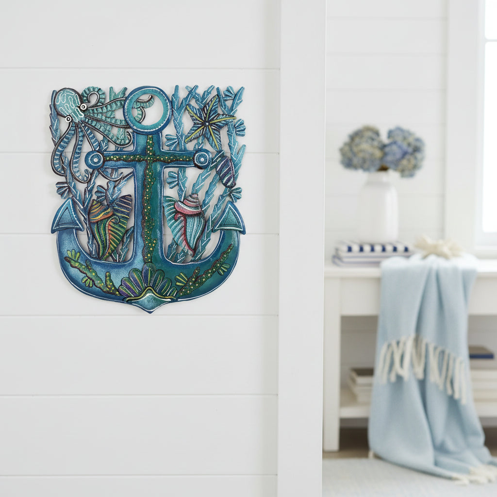 Fair Trade Sustainable Handcrafted Upcycled Metal Anchor Wall Deocr, Ethically Handmade & Hand-painted, Eco-friendly, Blue & Green