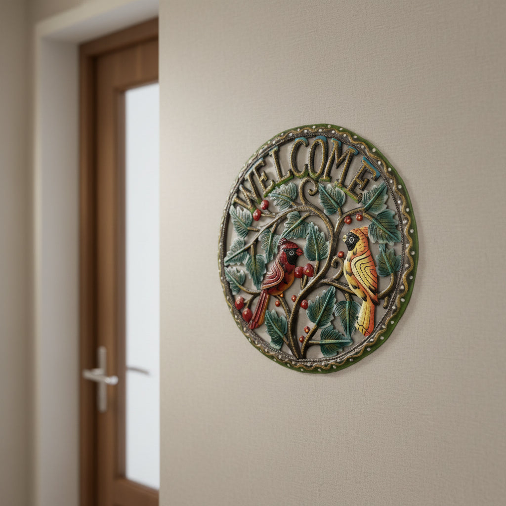 Fair trade eco-friendly handcrafted upcycled metal wall art welcome sign with cardinals on a branch, ethically and sustainably handmade