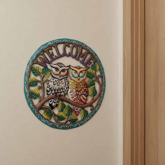 Fair trade eco-friendly handcrafted upcycled metal wall art welcome sign with a couple of owls on a branch, ethically and sustainably handmade
