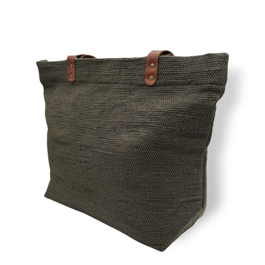 Upcycled Tote Bag with Leather Straps - Black & Olive