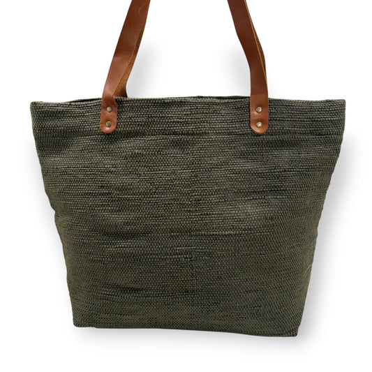 Upcycled Tote Bag with Leather Straps - Black & Olive