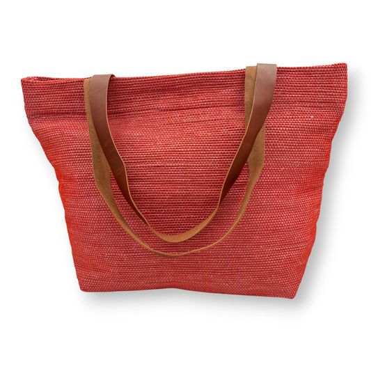 Upcycled Tote Bag with Leather Straps - Red