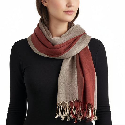 Wide Striped Handwoven Bamboo Viscose Scarf - Brick & Brown: Warm Tones