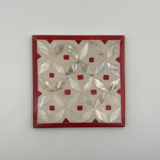Wood Coaster Inlaid with Mother of Pearl (Set of 4) - Kaleidoscope Red