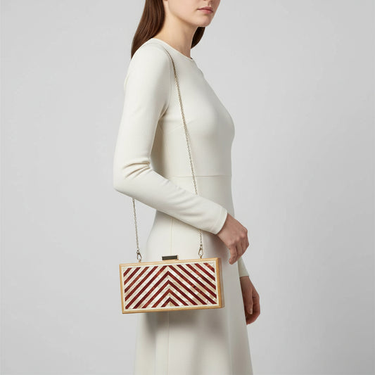 Ethically Handcrafted Wood Clutch Inlaid with Mother of Pearl by Women Artisans. Fair Trade