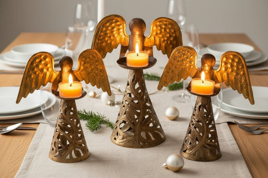 Eco-friendly Upcycled Metal Angel Tealight Stands Decorating Holiday Dining Table
