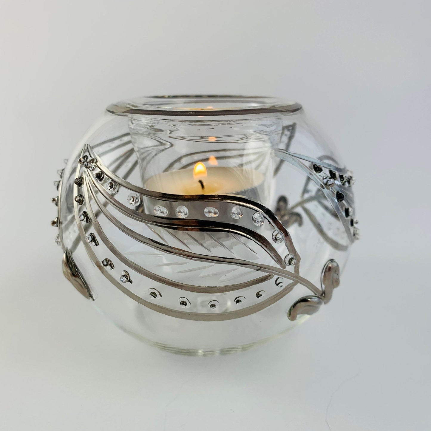Blown Glass Candle Holder - Silver Paisley