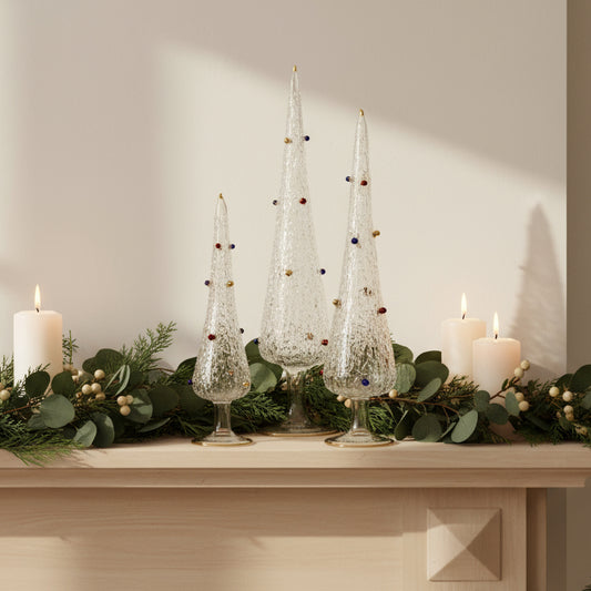 Hand-blown Glass Tabletop Pine Christmas Tree White with Colored Baubles