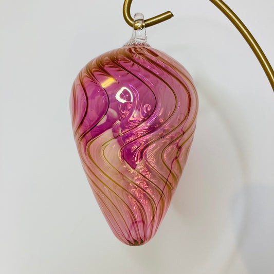 Blown Glass Egg Ornament - Wavy Pink
